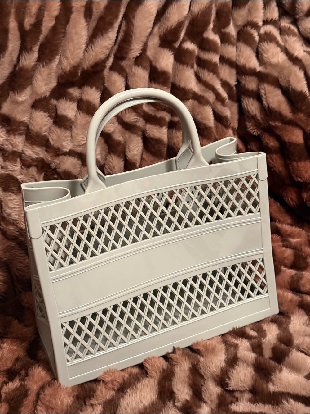 Zara Light Gray Lattice Jelly Tote Beach Bag